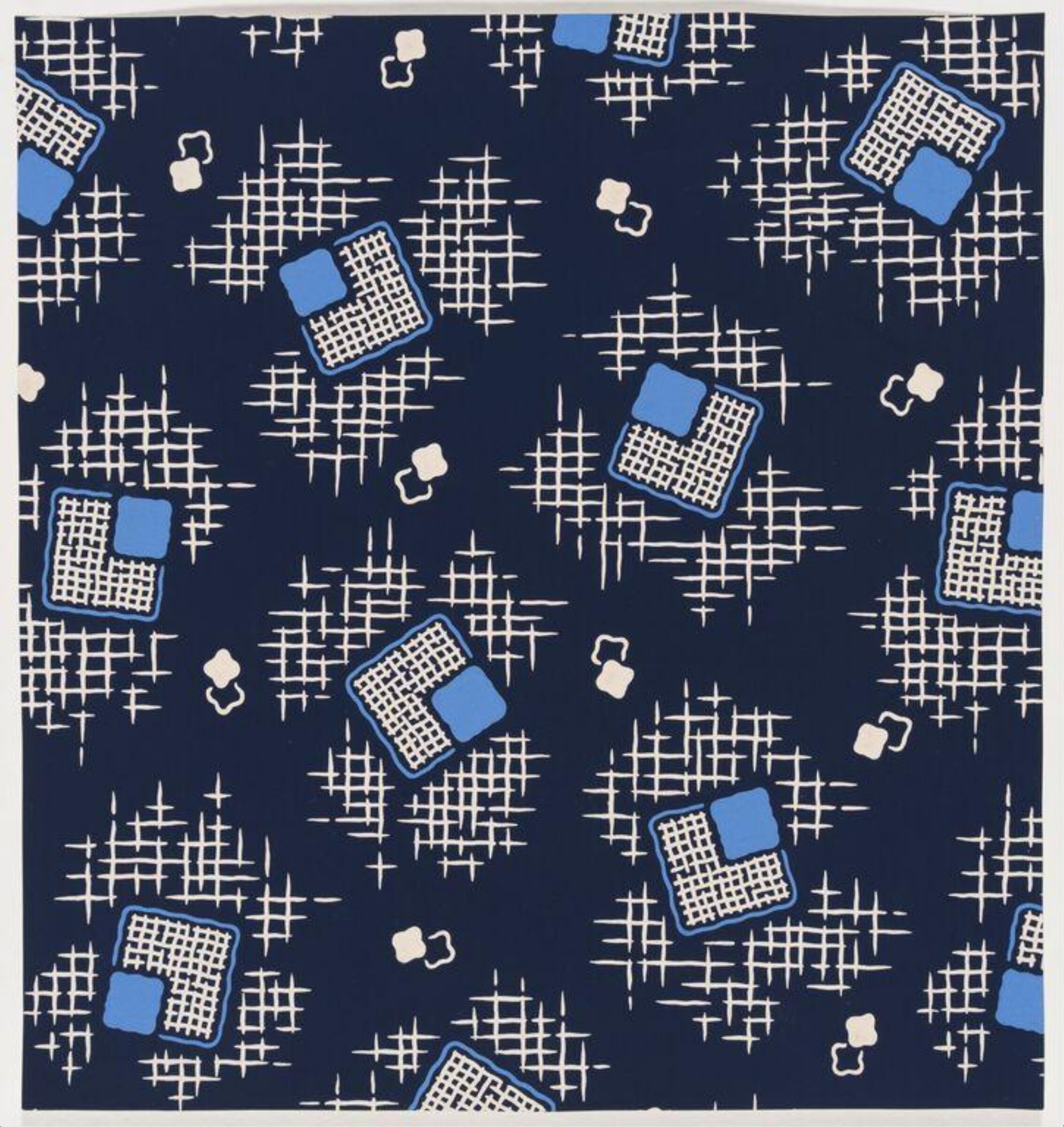 Design of cross-hatching and overlaid squares on a blue ground., Jacob Dimoldenberg, ca. 1930