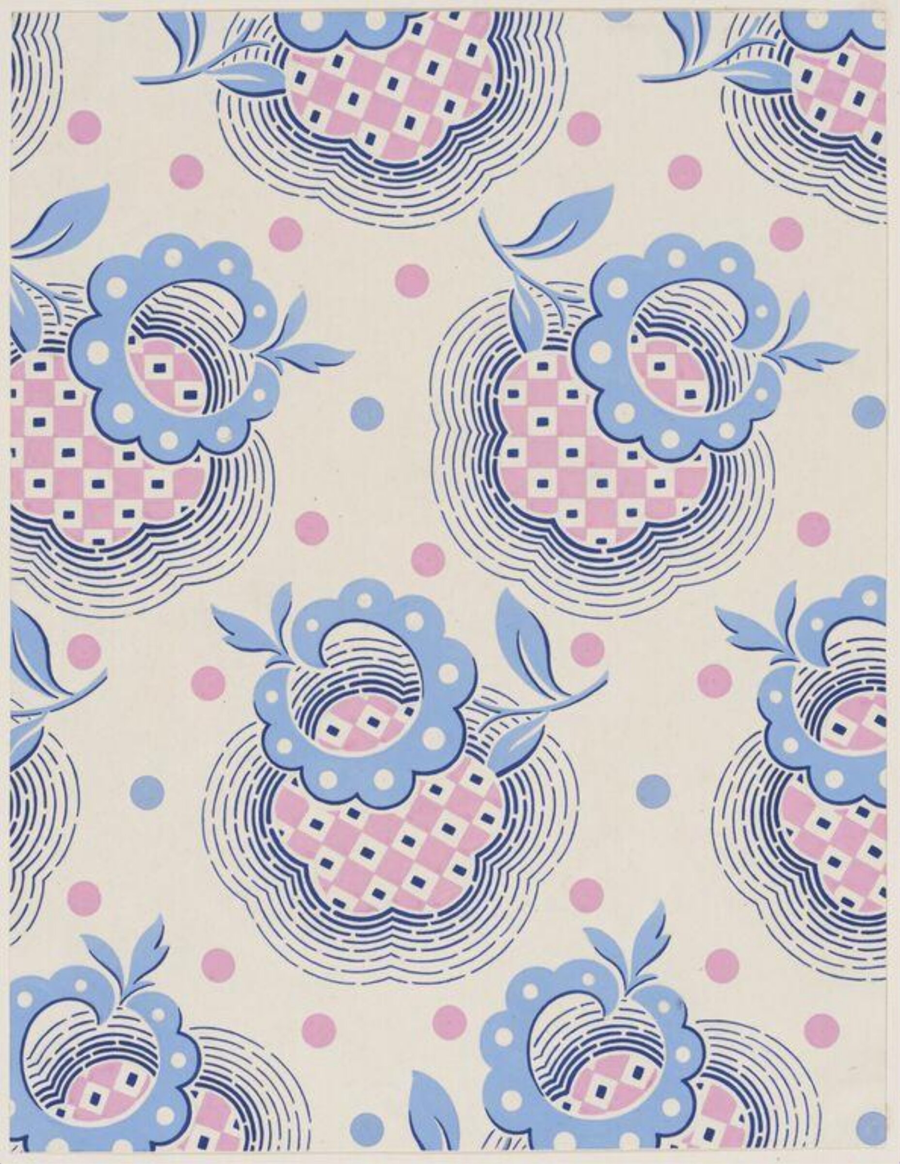 Design of a stylized floral sprig pattern and small chequered forms on a white ground., Jacob Dimoldenberg, ca. 1930