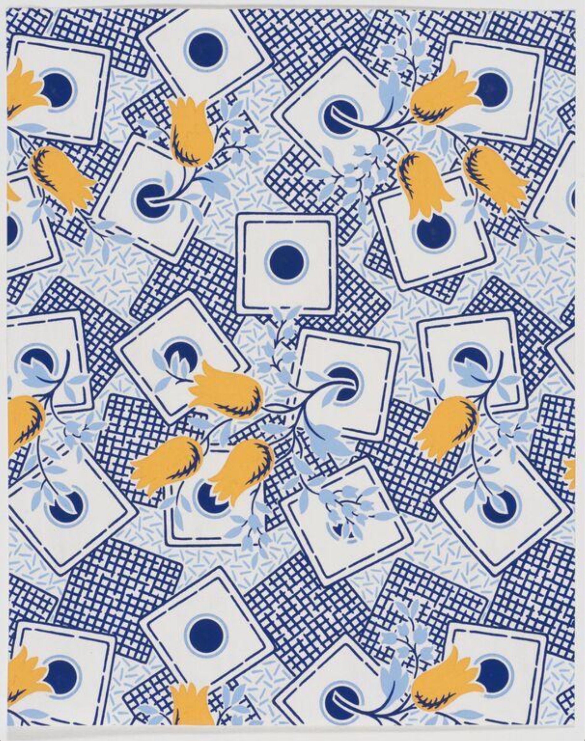 Design of stylized tulips and leaf pattern with blue square grids and dots on a white ground., Jacob Dimoldenberg, ca. 1930
