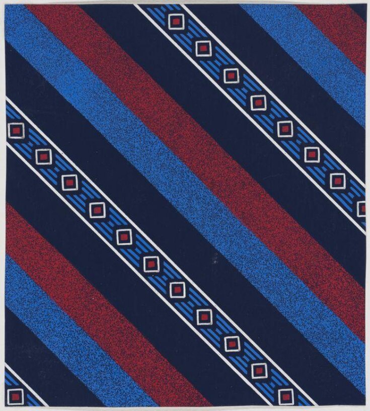 Design of diagonal stripes of dark blue, light blue, and red, with a band of white infilled small squares. top image