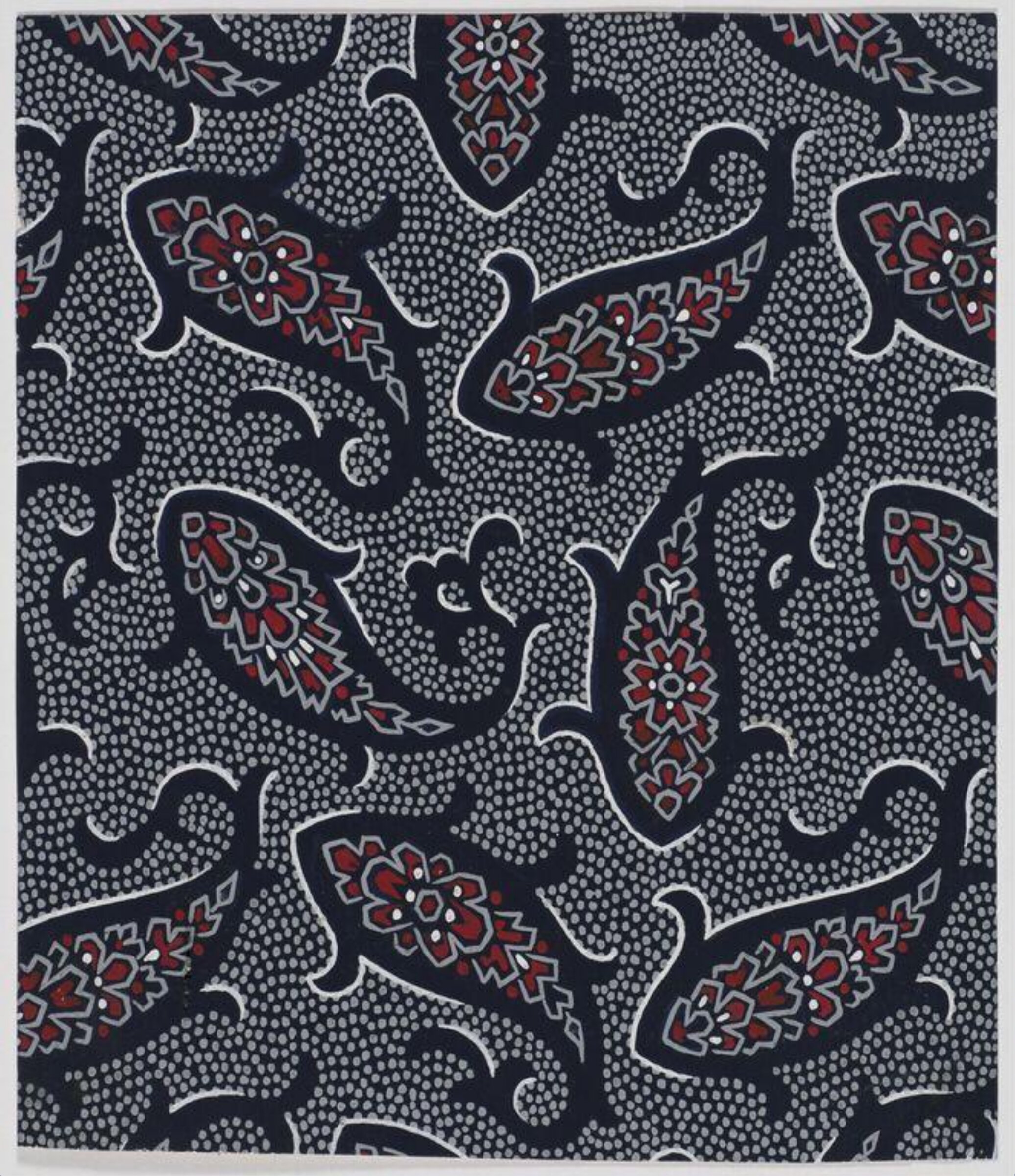 Design of ornate Paisley leaves on a grey dotted ground., Jacob Dimoldenberg, ca. 1930