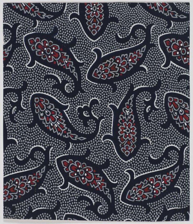Design of ornate Paisley leaves on a grey dotted ground. top image