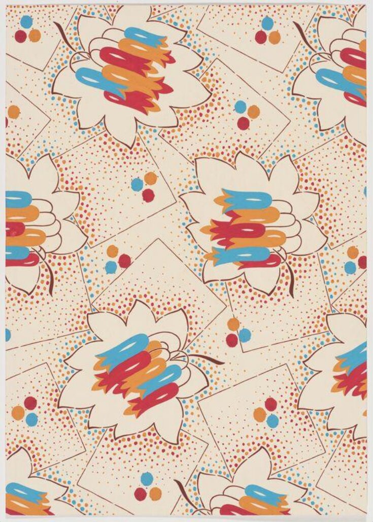 Design of stylized trumpet-shpaed flowers and a leaf pattern with squares, circular shapes and small dots on a beige ground. top image
