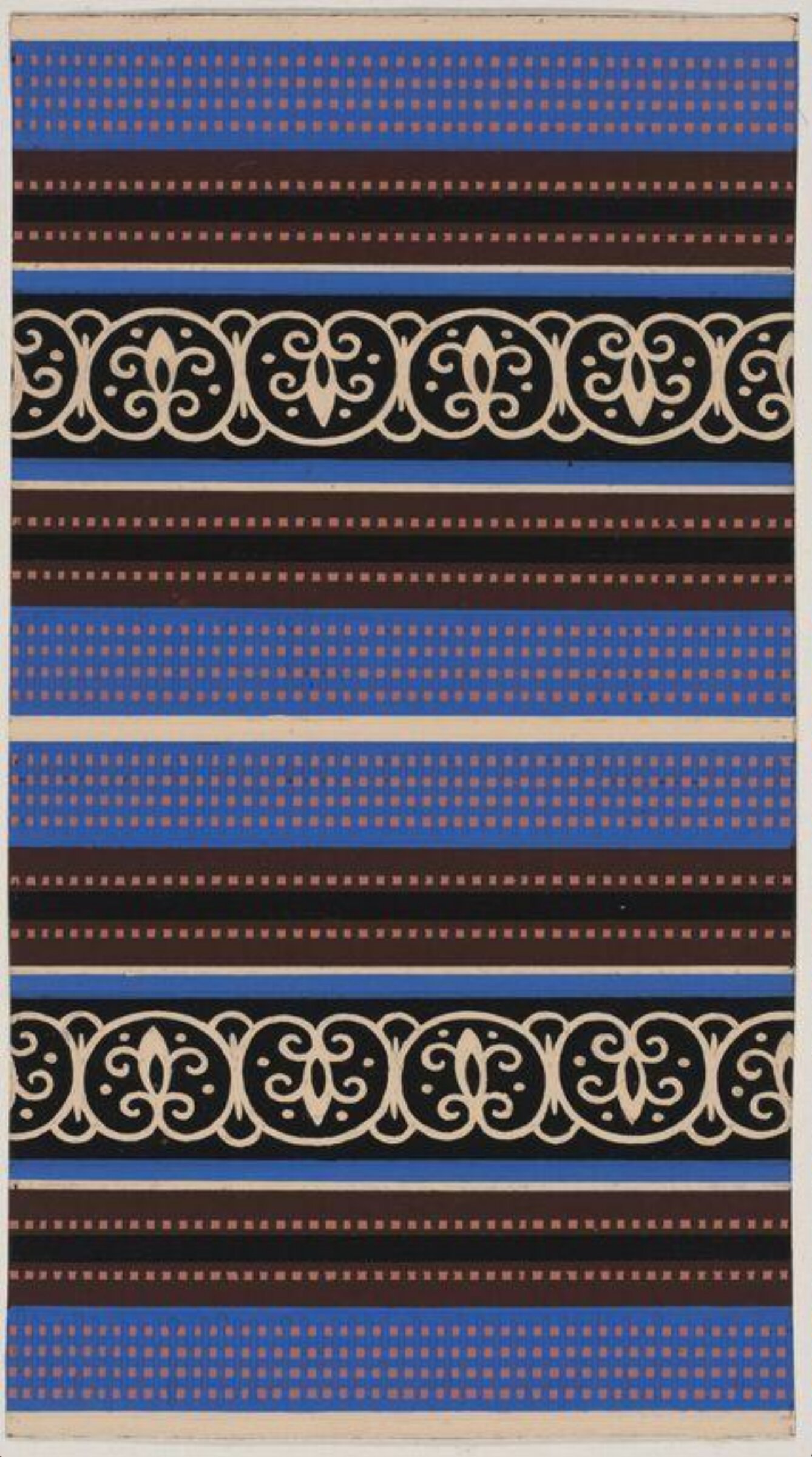Design of horizontal stripes alternating with ornate border pattern and dotted beige lines and stripes., Jacob Dimoldenberg, ca. 1930