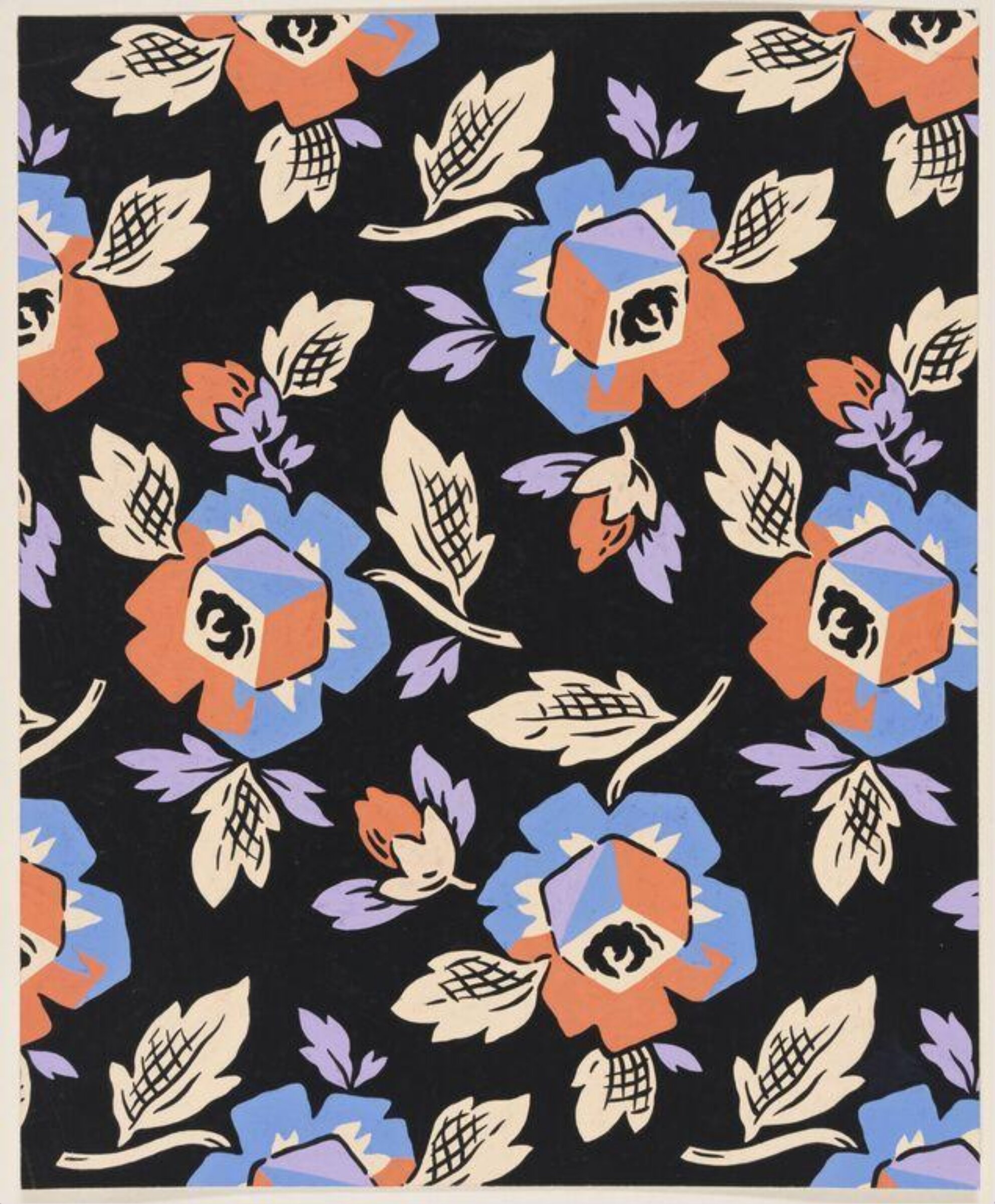 Design of a stylized leaf and geometric floral pattern on a black ground., Jacob Dimoldenberg, ca. 1930