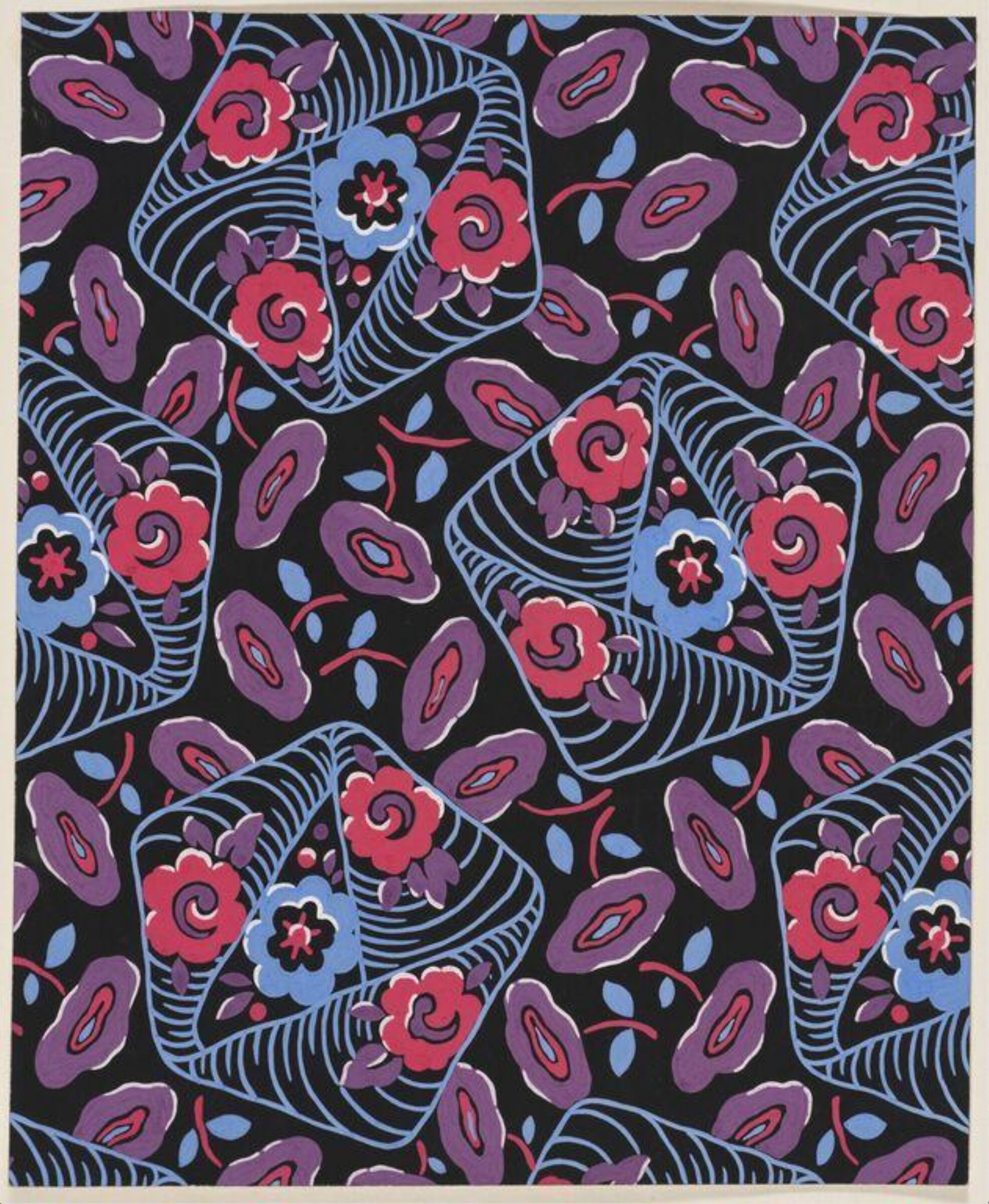 Design of stylized floral and leaf patterns in pentagonal shapes on a black ground., Jacob Dimoldenberg, ca. 1930