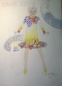 Costume design by Stephen Adnitt for the Breakfast Dress worn by Barry Humphries as Dame Edna Everage for the 1997 television programme Dame Edna's Work Experience thumbnail 1