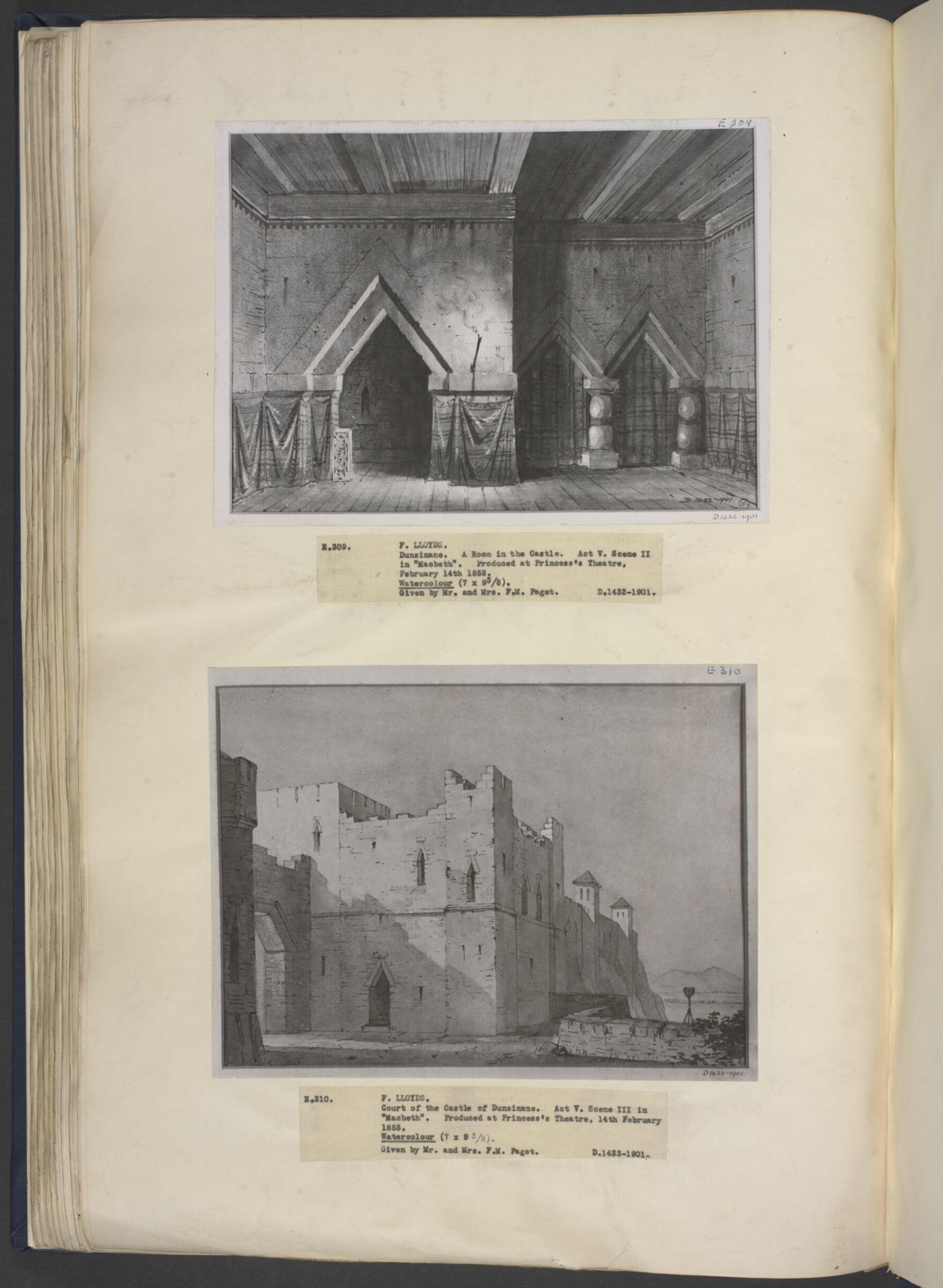 drawing of scenery and props in Macbeth, F. Lloyds, 1851-1859