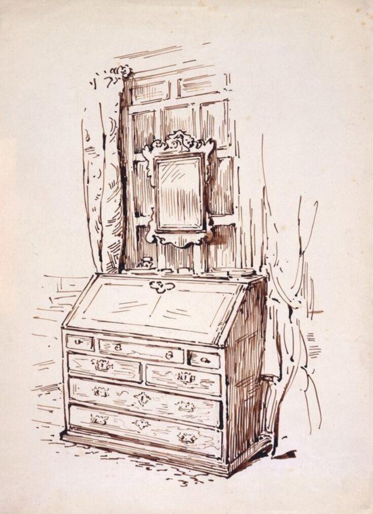 Sketch of a writing desk and mirror, Gwaynynog top image