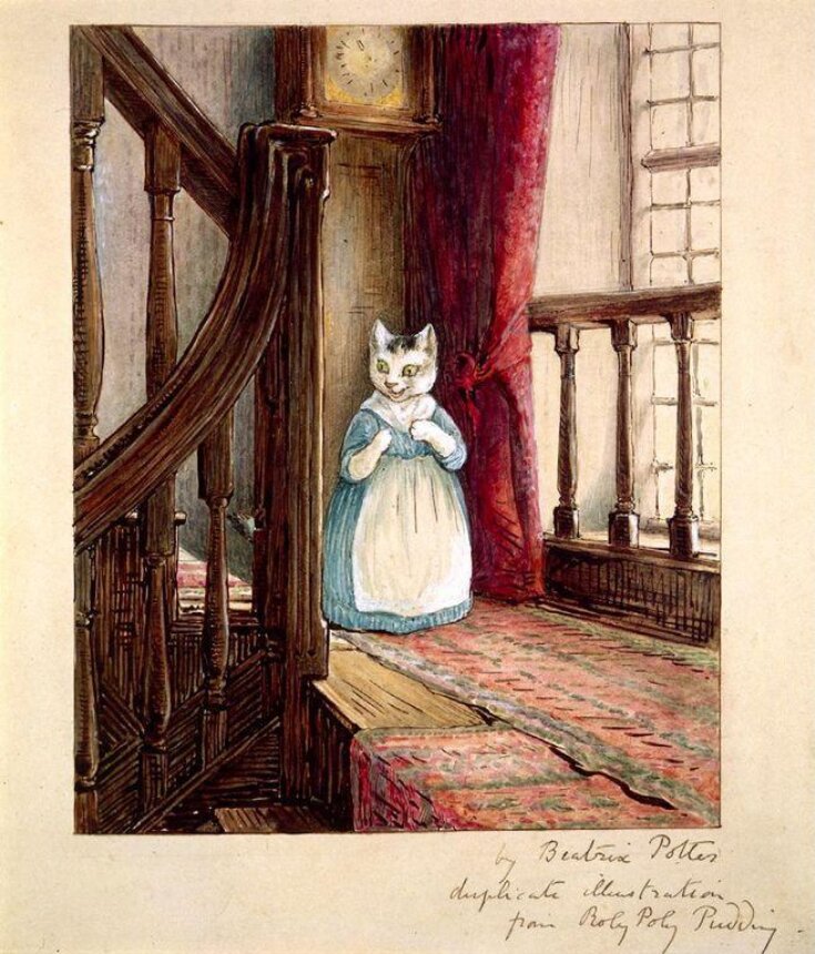 Variant illustration of Mrs. Tabitha Twitchit standing on a staircase landing top image