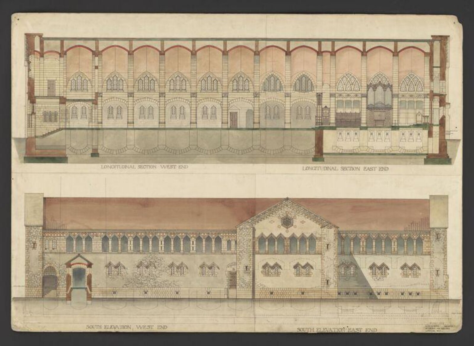 Longitudinal section and south elevation., R.W. Schultz Weir, 1888-1934