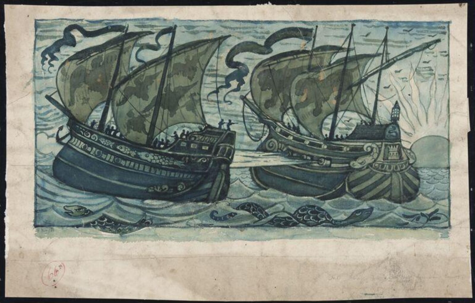 Design for a tile panel with fighting ships, William De Morgan, 1882