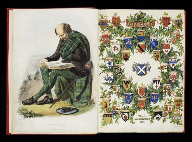 The clans of the Scottish Highlands : illustrated by appropriate figures, displaying their dress, tartans, arms, armorial insignia, and social occupations, from original sketches by Robert Ronald McIan ... / by James Logan top image