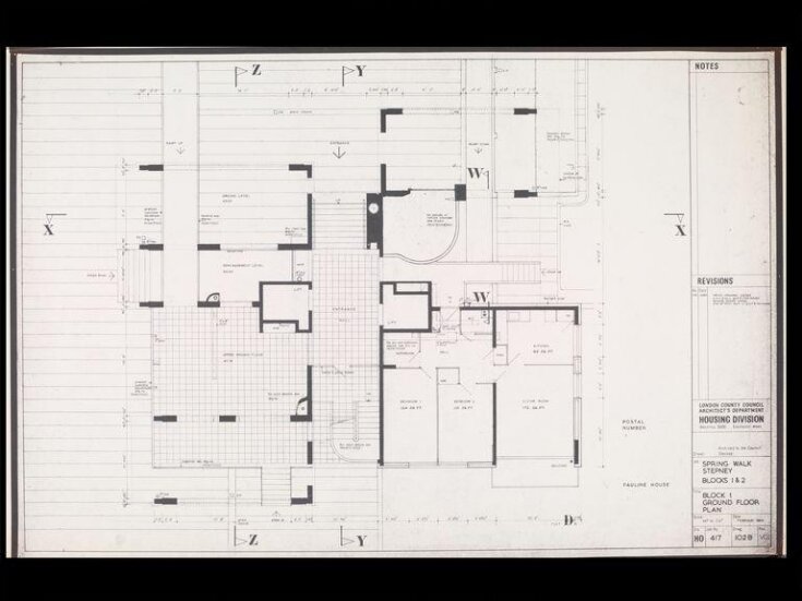 London County Council Architect's Department, Housing Division (George Finch, job architect): Spring Walk (now Pauline House), Old Montague Street, Whitechapel, London: Block I (highrise): ground floor plan image