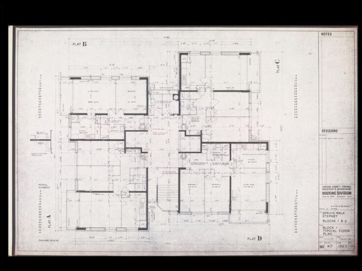 London County Council Architect’s Department, Housing Division (George Finch, job architect): Spring Walk (now Pauline House), Old Montague Street, Whitechapel, London: Block I (highrise): typical floor plan top image