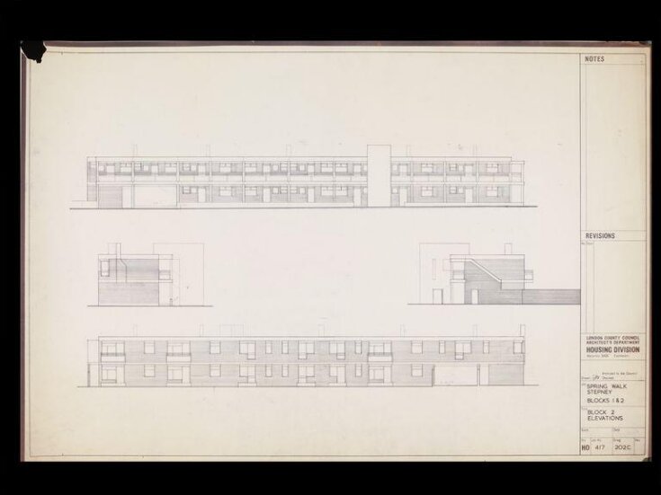 London County Council Architect's Department, Housing Division (George Finch, job architect): Spring Walk (now Pauline House), Old Montague Street, Whitechapel, London: Block II (lowrise): elevations image