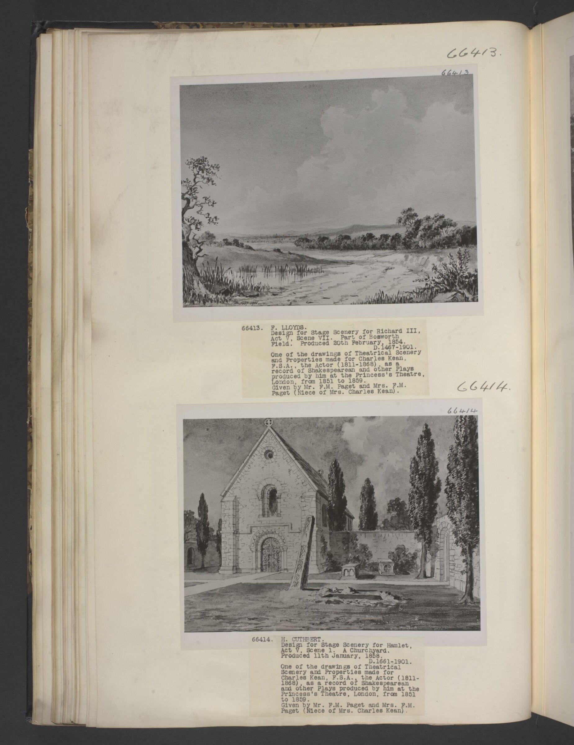 design for scenery in Hamlet, H. Cuthbert, 1852-1858