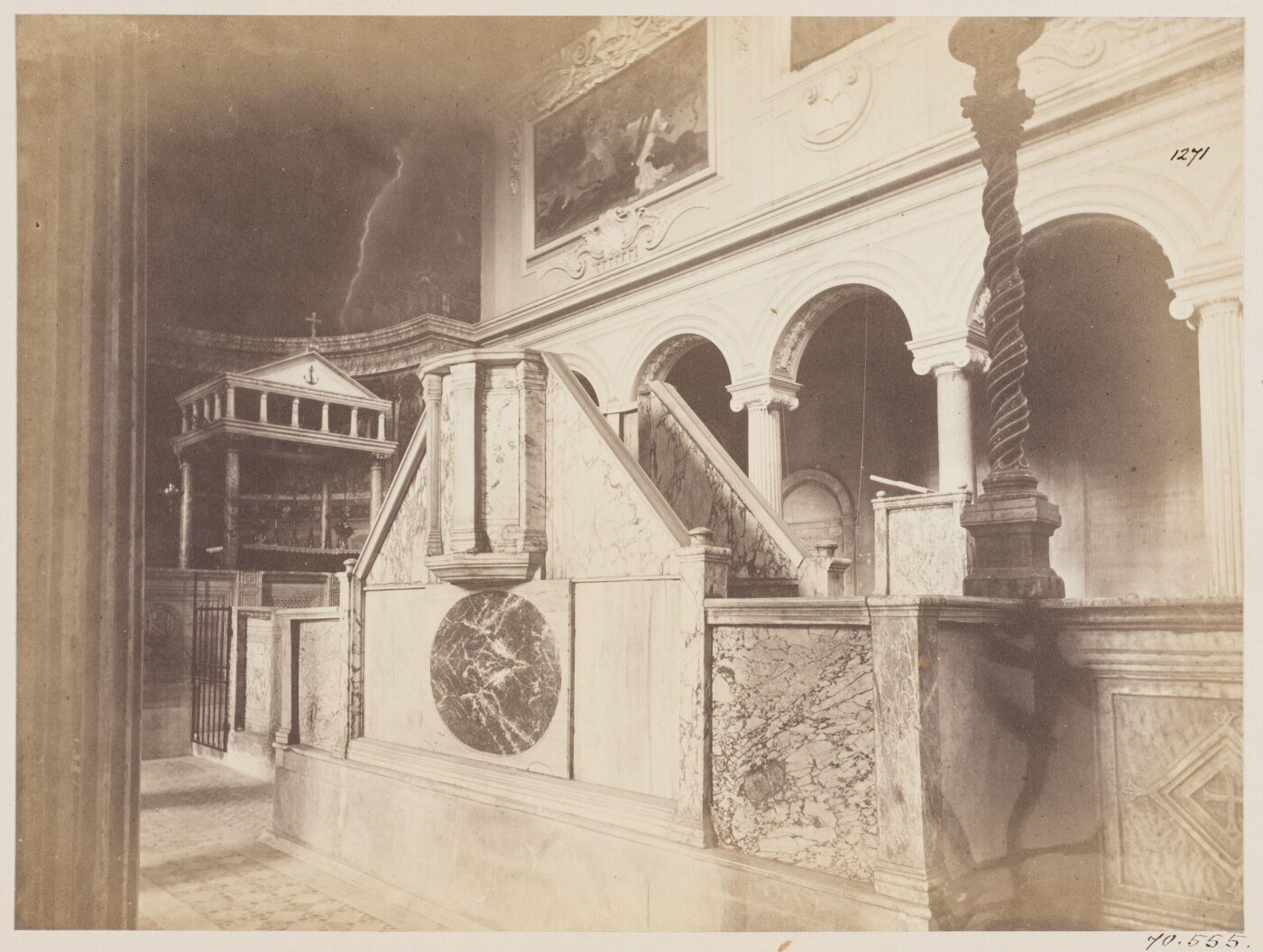 Parker, John Henry, Church and Altar Decoration - S. Clement, Ambo with paschal Candlestick of Cosmati work, and Baldacchino over the Altar.