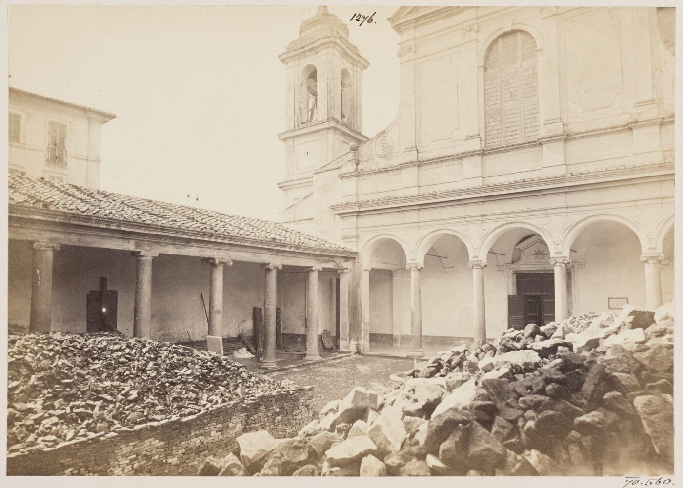 Parker, John Henry, Church of S. Clement - Front of the Church, with one side of the Quadriporticus, A.D. 1250, and the Campanile, c. A.D. 1600.