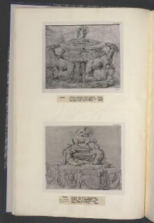 Design for a casket, with two semi-nude mythological figures reclining on the lid and a putto riding on a lioness thumbnail 1