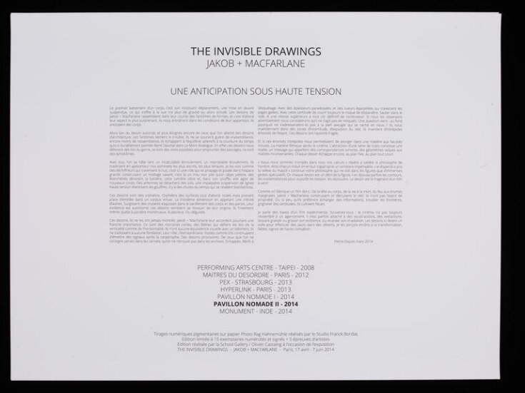 Cover sheet from the boxed set titled ‘Invisible Drawings’ of the series titled Pavillon Nomad II, 2014 by Jakob + MacFarlane image