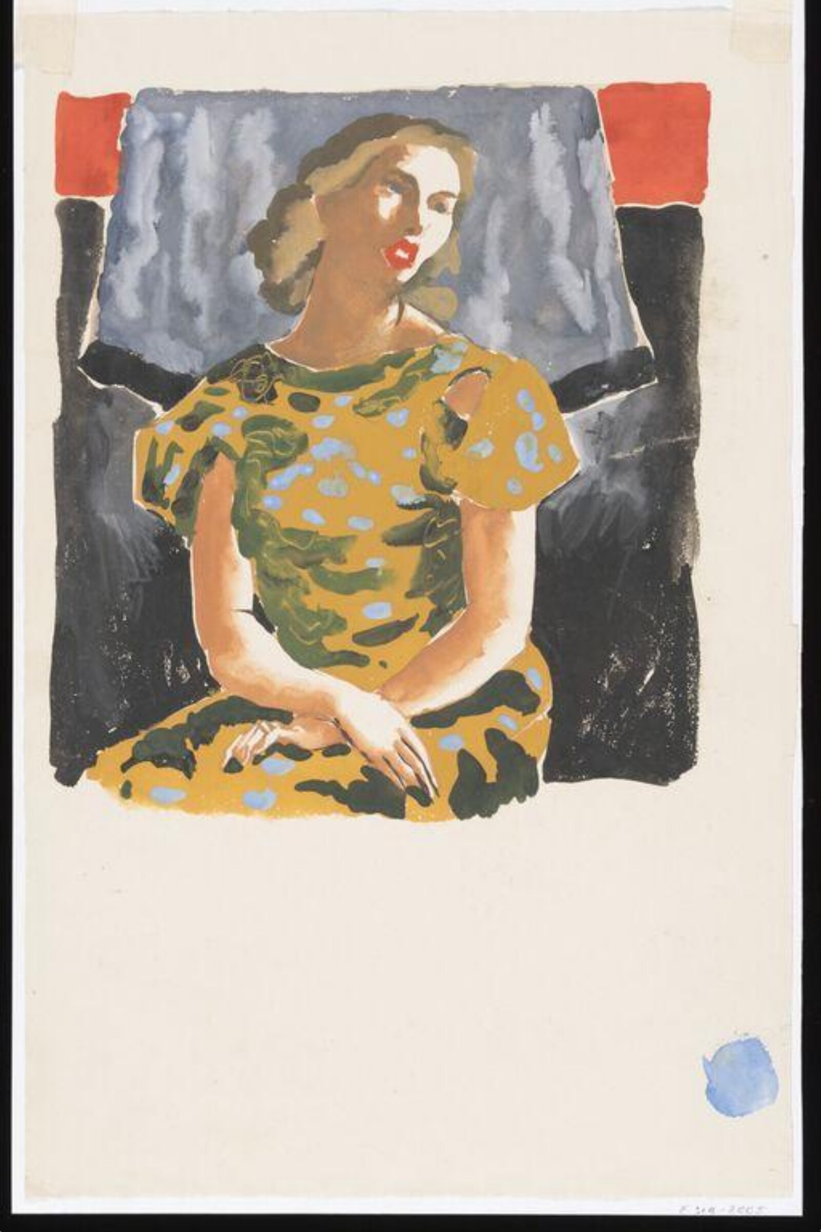 Gouache figure study of a woman in a yellow and green dress, Mervyn Laurence Peake, 1939