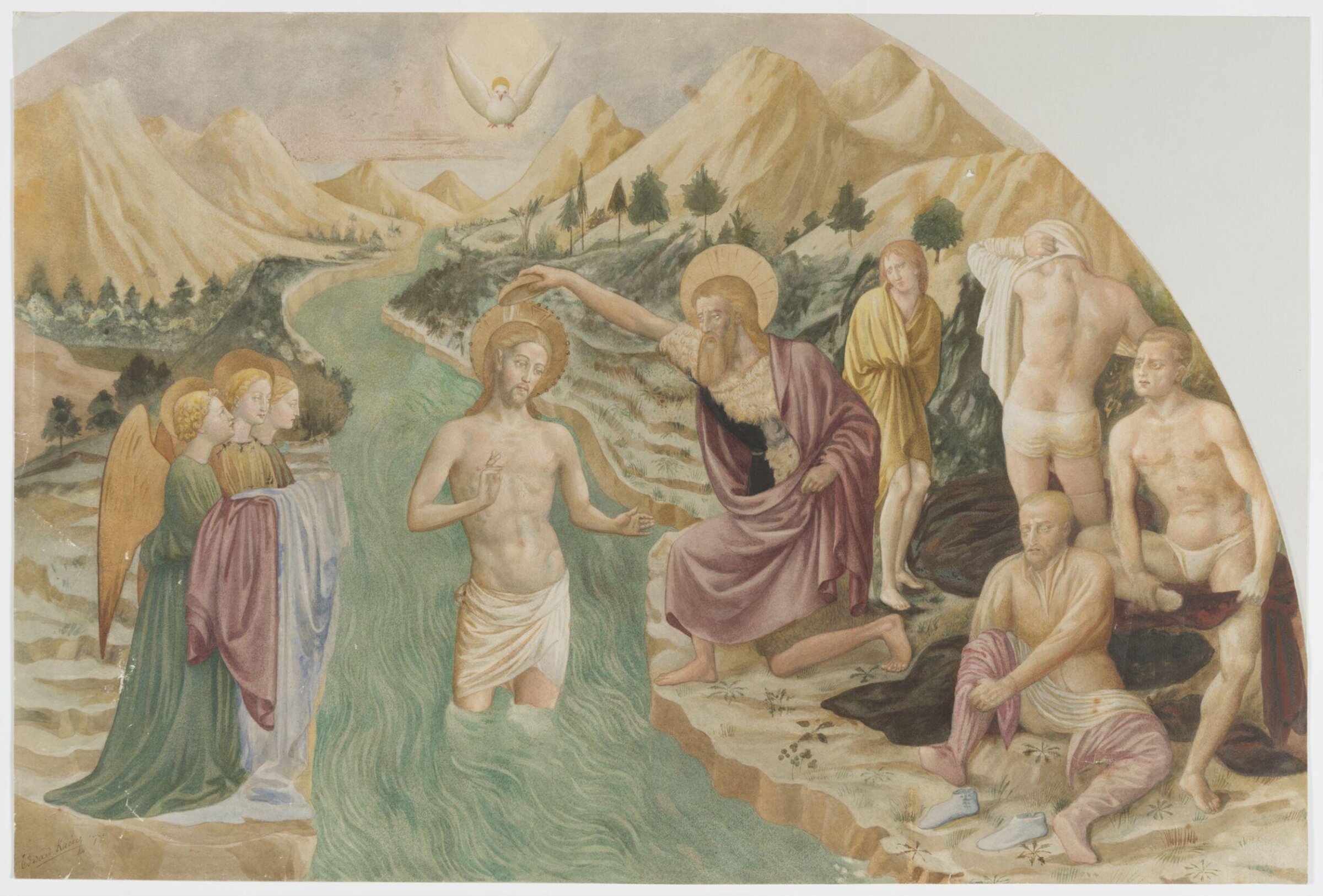 Copy after the painting Baptism of Christ by Masolino in Castiglione d'Olona, Edward Kaiser, 1885