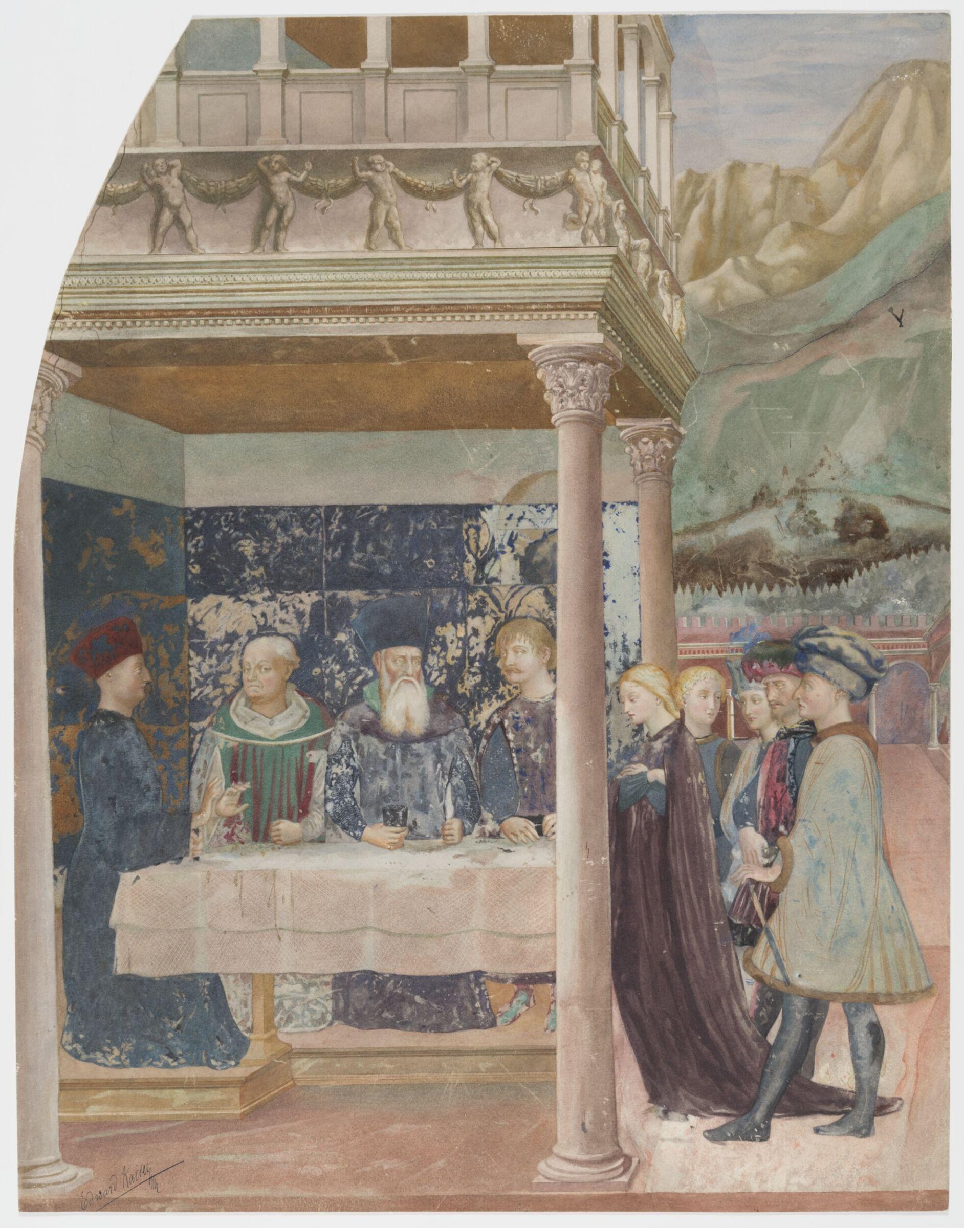 Copy after the painting The Daughter of Herodias  before Herod by Masolino in Castiglione d'Olona, Edward Kaiser, ca.1885