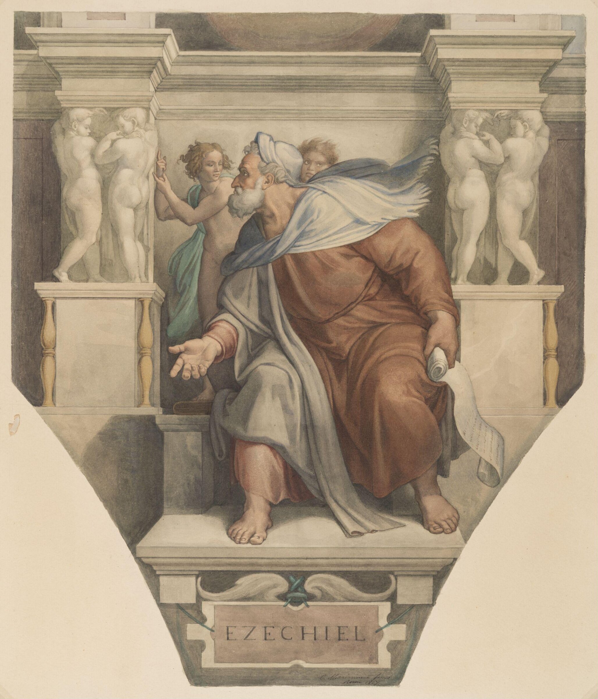 Copy after Michelangelo’s fresco of the ‘Prophet Ezekiel’ on the Sistine Chapel vault (Sistine Chapel, Rome, about 1511), Cesari Mariannecci, 1867
