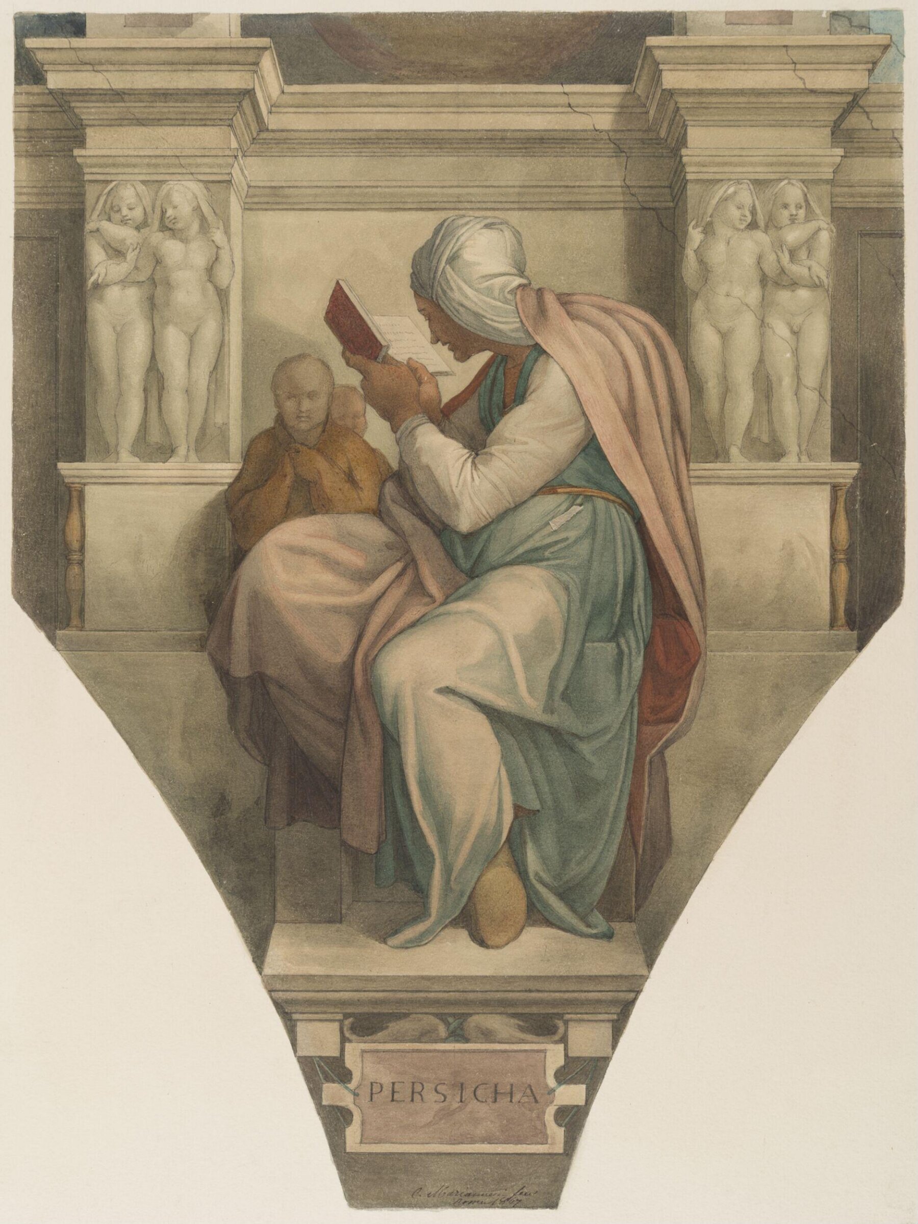 Copy after Michelangelo’s fresco of the ‘Persian Sibyl’ on the Sistine Chapel vault (Sistine Chapel, Rome, 1511-1512)., Cesari Mariannecci, 1867