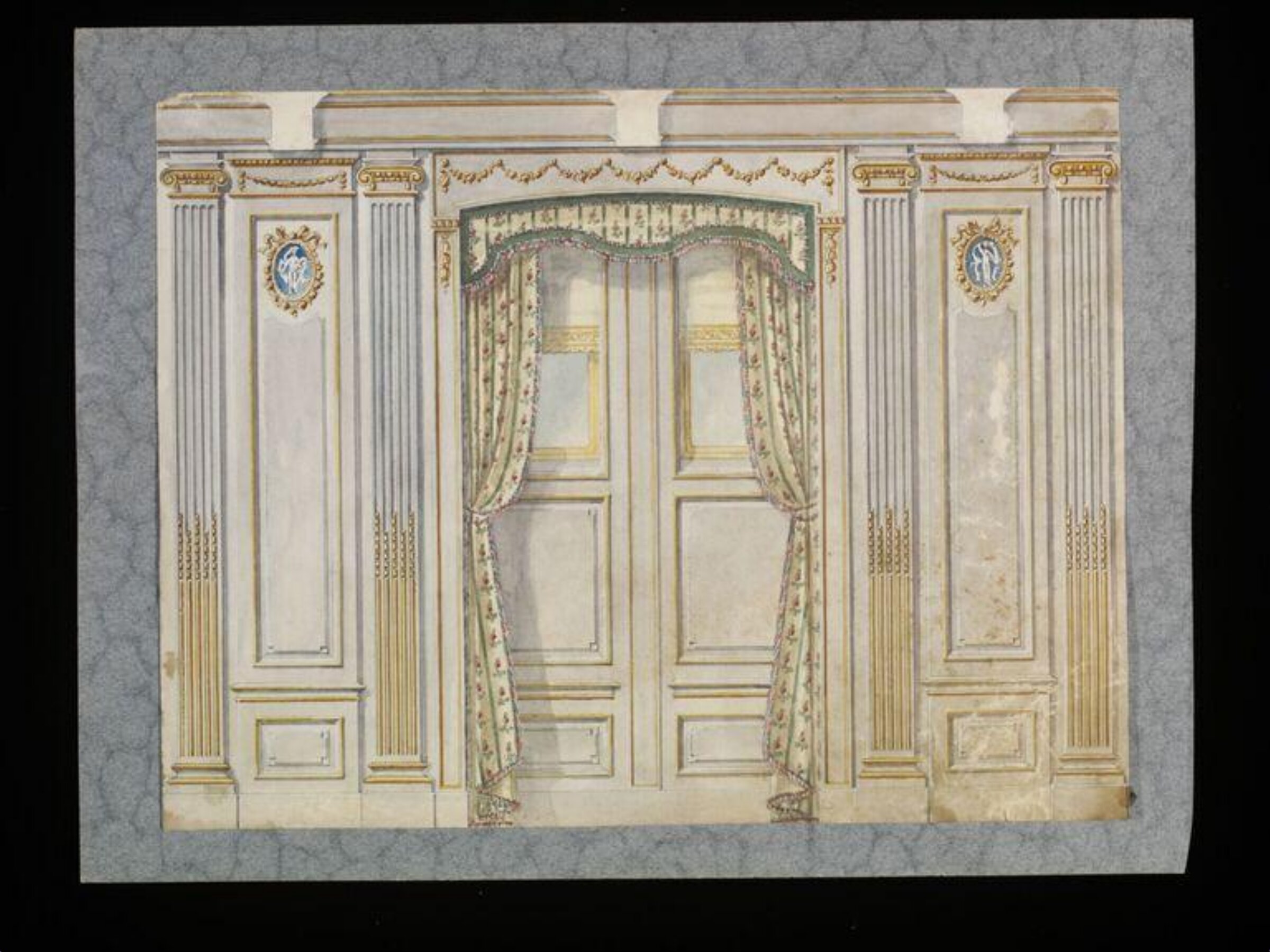 Design for interior elevation of a cabin decorated in a neo-classical style with gilded ionic pilasters and paterae, and with floral pelmet and drapes at the portholes., Alfred Rogg, Early 20th century