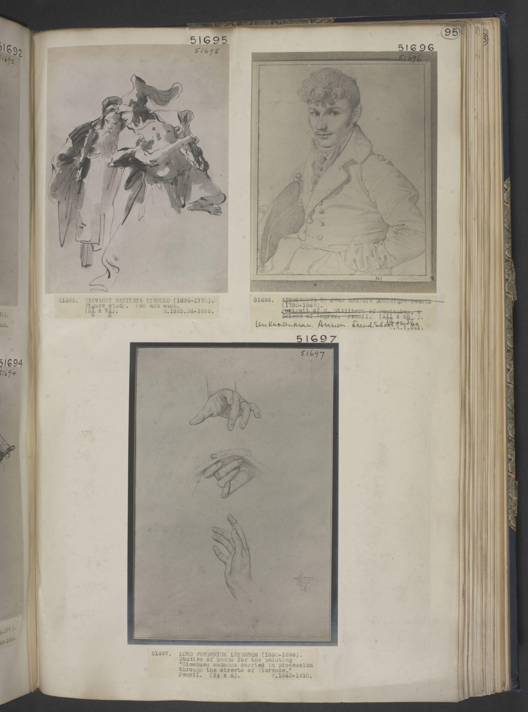Studies in pencil of four hands for "Cimabue's Madonna carried in procession through the streets of Florence", Frederic Lord Leighton, ок. 1853–1855
