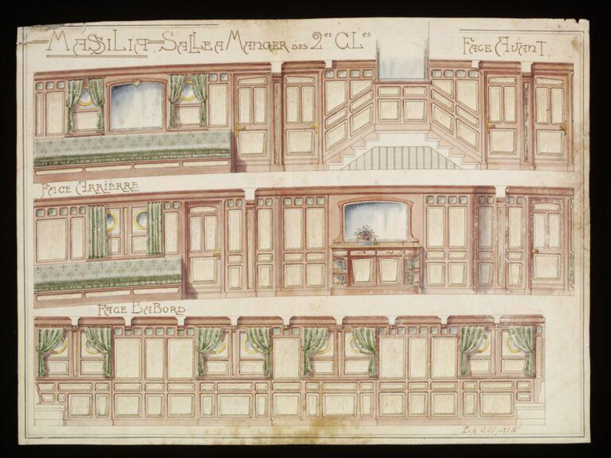 Design showing front, rear and side elevations of the dining room on board SS. Massilia., Alfred Rogg, Early 20th century