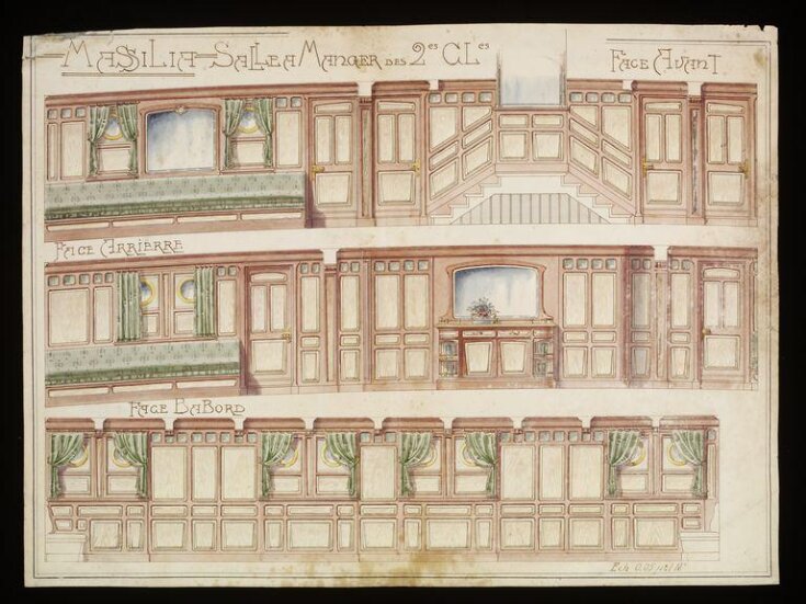 Design showing front, rear and side elevations of the dining room on board SS. Massilia. top image