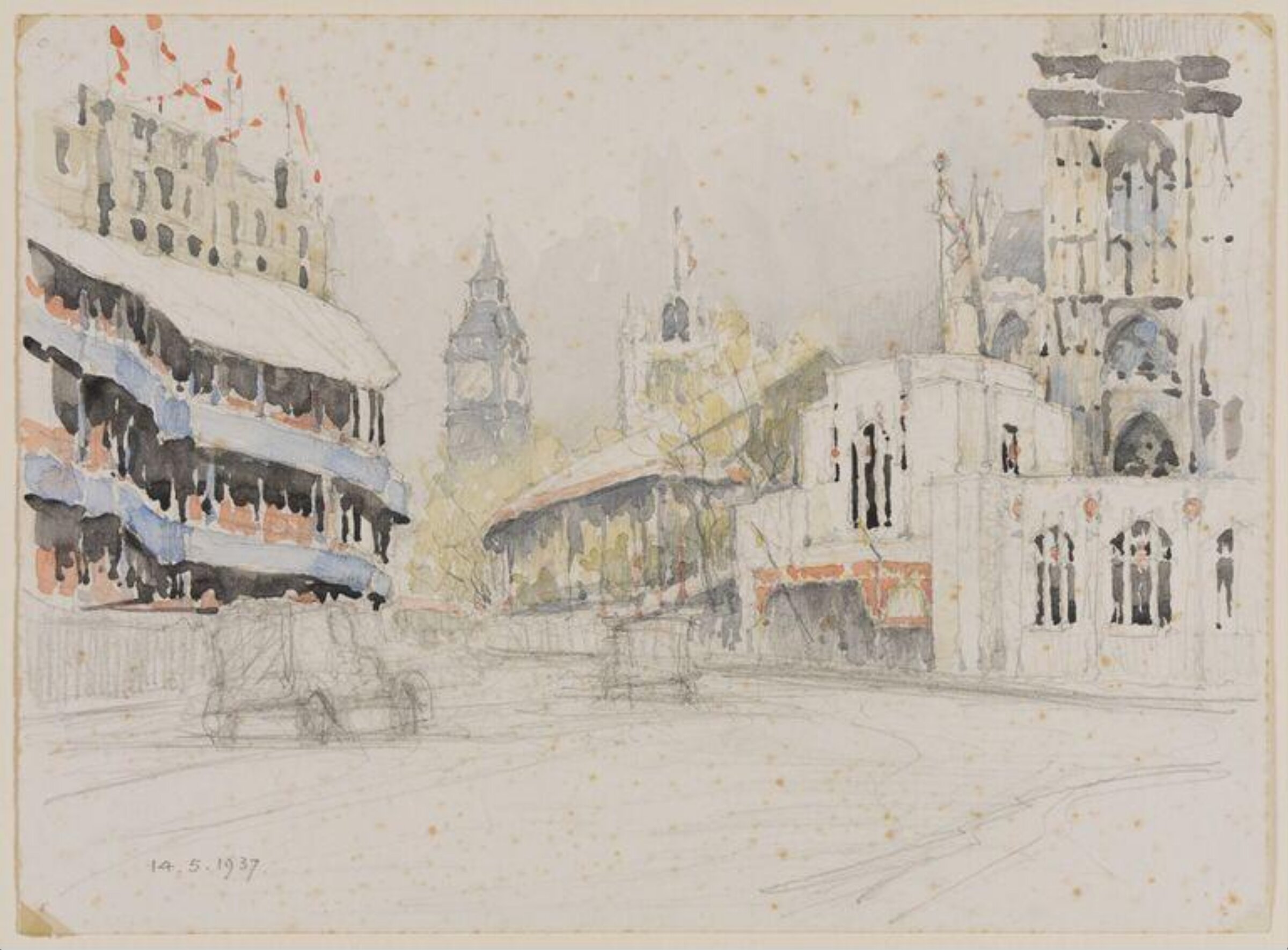 Entrance to Westminster Abbey with Big Ben in the distance, Pile, 1937