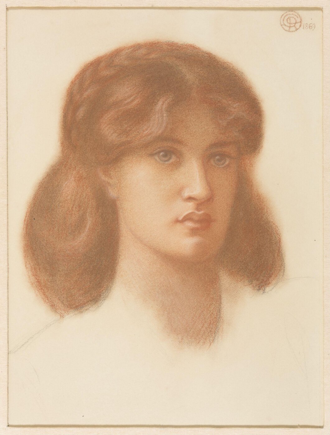 Dante Gabriel Rossetti, Portrait of a woman, with head facing to front, and long braided hair