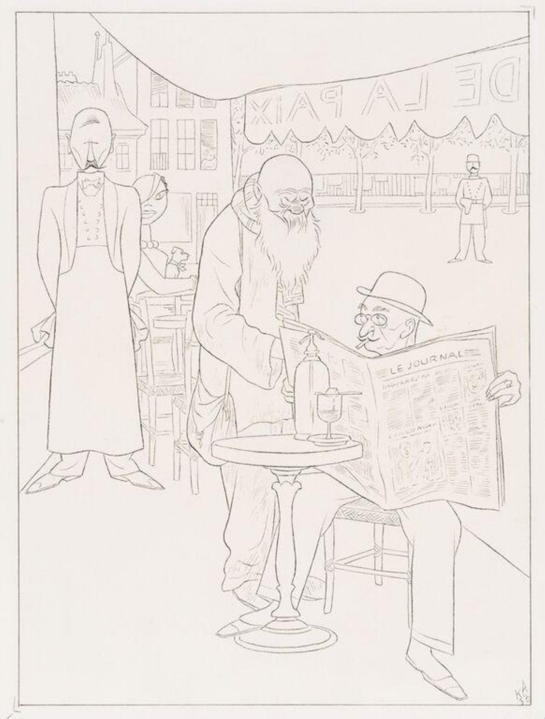 A man reading a newspaper in a French café, with an elderly beggar asking for money., Karl Arnold, 1936