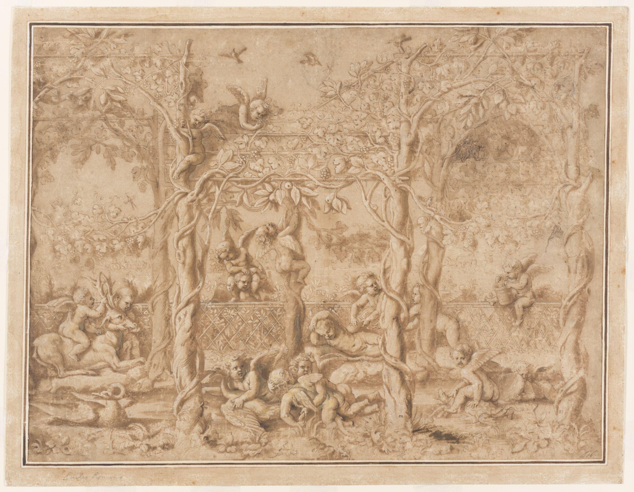 Putti playing among fruit trees and vine trellises, Giulio Romano, 1530s