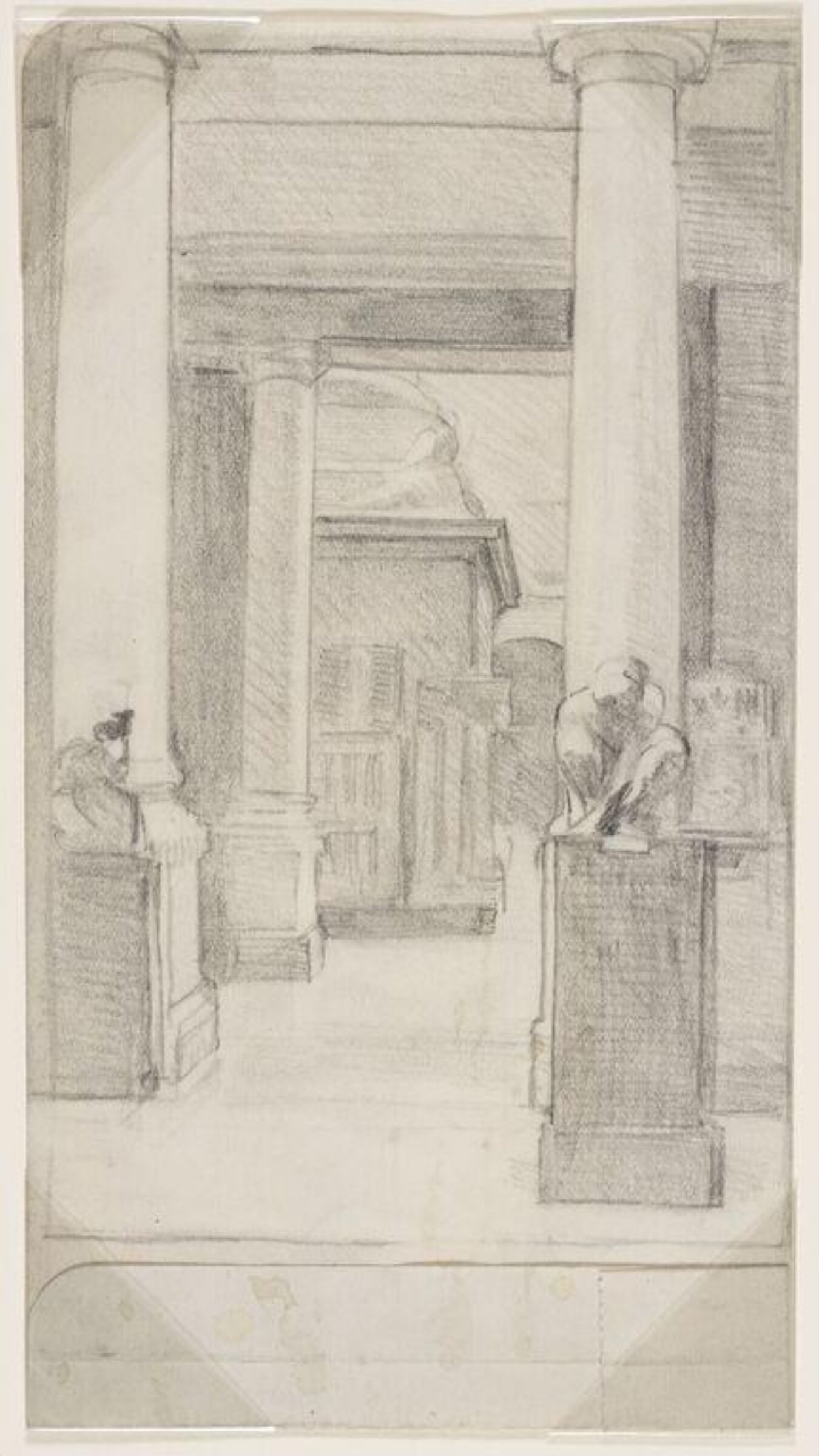 Preliminary sketch for a watercolour of the entrance to the Cast Court containing Trajan's Column at the Victoria and Albert Museum, Mary Stella Edwards, 1924