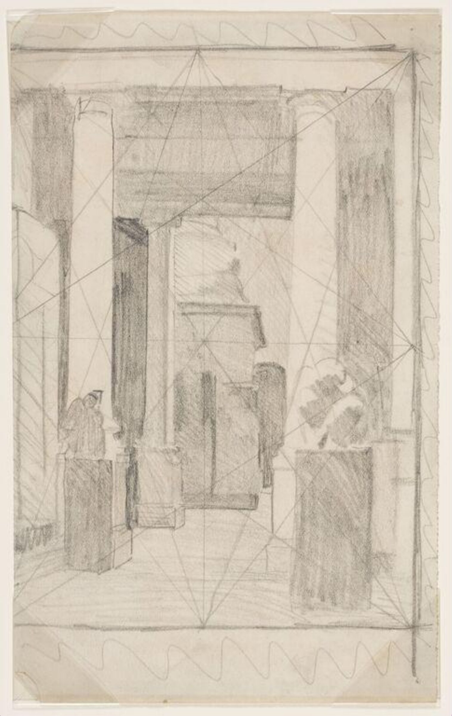 Preliminary sketch for a watercolour of the entrance to the Cast Court containing Trajan's Column at the Victoria and Albert Museum, Mary Stella Edwards, 1924