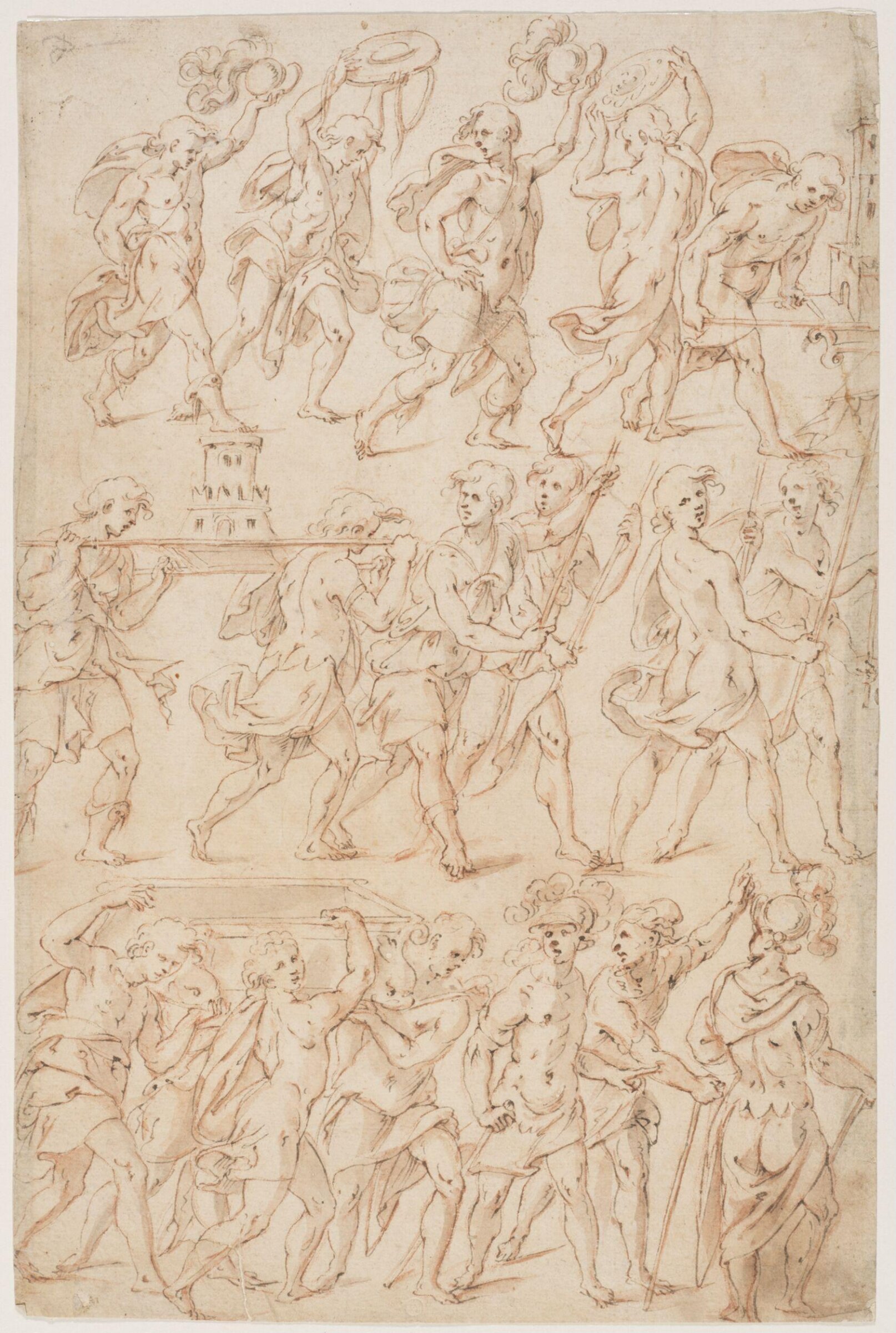 Design for figures in a triumphal procession, Carlo Urbino, 1550-1599