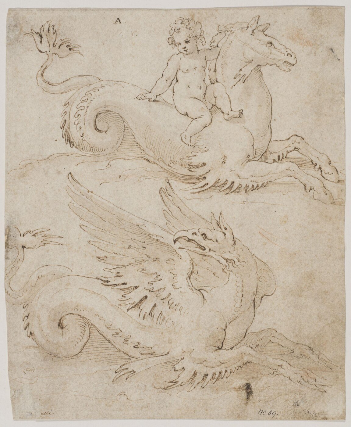 Unknown, Recto: Two sea monsters, one with a putto on its back; verso: A leopard, and a Cupid with bow and arrow riding upon a dolphin