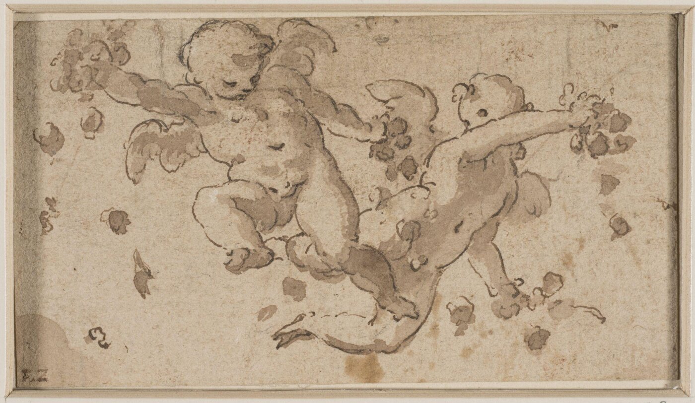 Unknown, A pair of flying putti scattering flowers