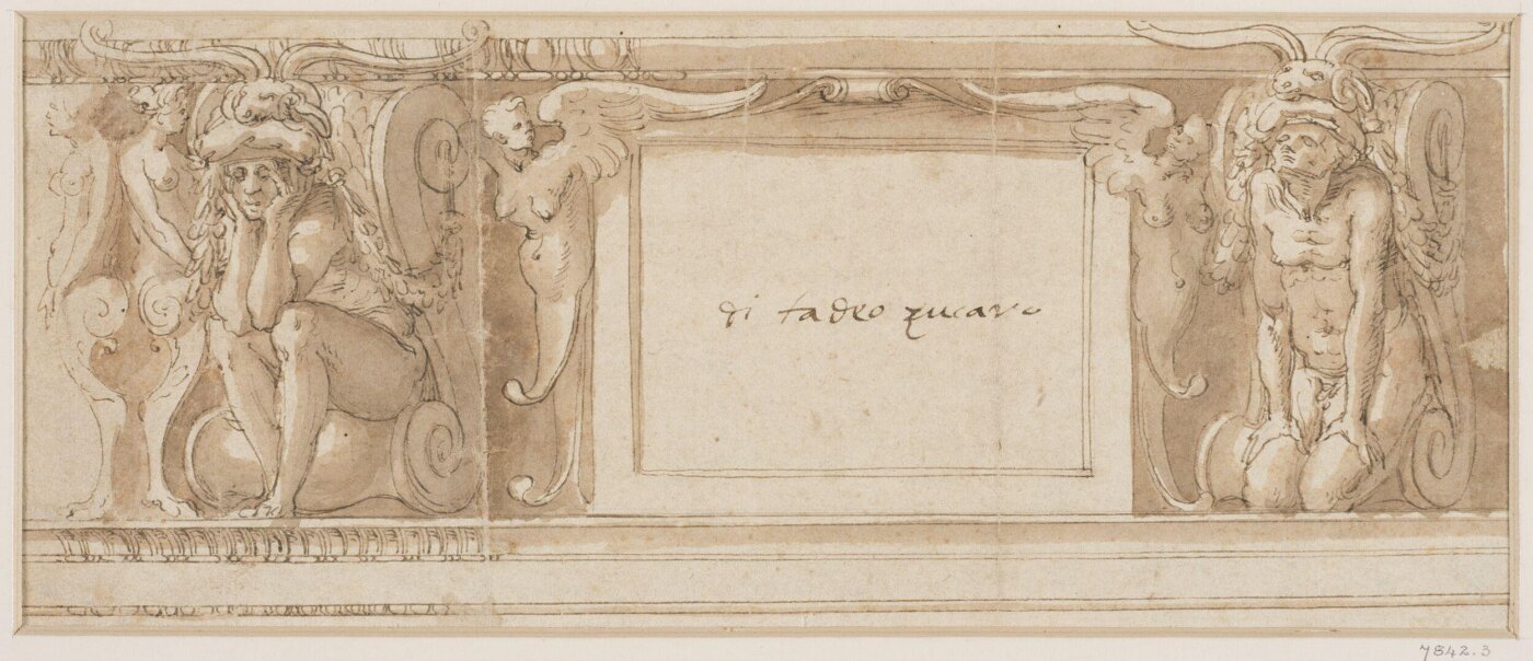 Unknown, Design for a frieze with a square tablet flanked by figures squatting on a pair of volutes