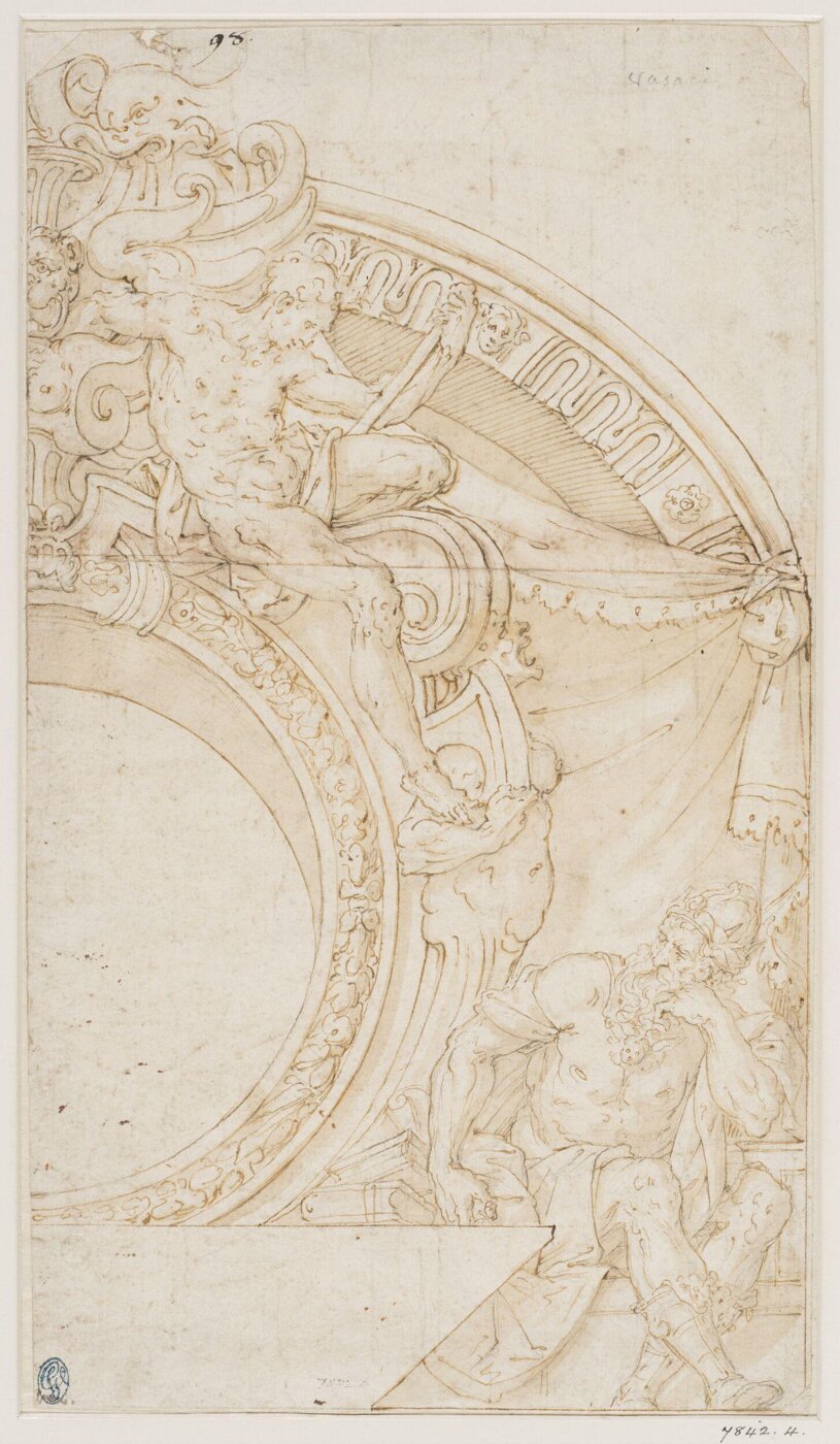 Unknown, Design for decoration round a circular window, with human figures in a framework of scrolls