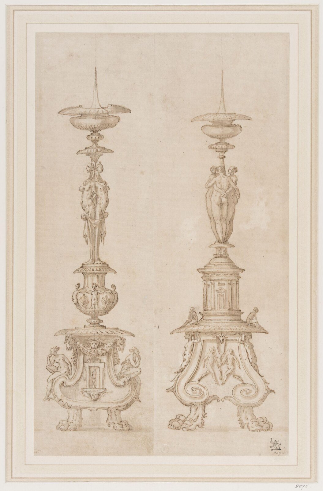Two designs for candlesticks, 16th century