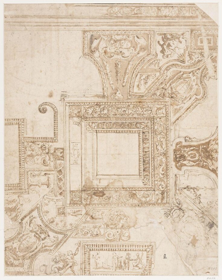 Design for a ceiling decorated with grotesques, with a cardinal's coat of arms (not recognizable) in two corners top image