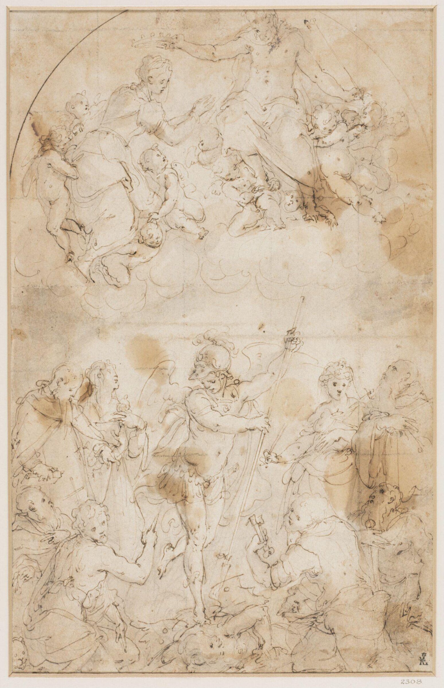 Design for an arched altar-piece: St Michael, surrounded by saints, triumphing over Satan; in the clouds above their heads the Coronation of the Virgin, Giorgio Vasari, 1511-1574