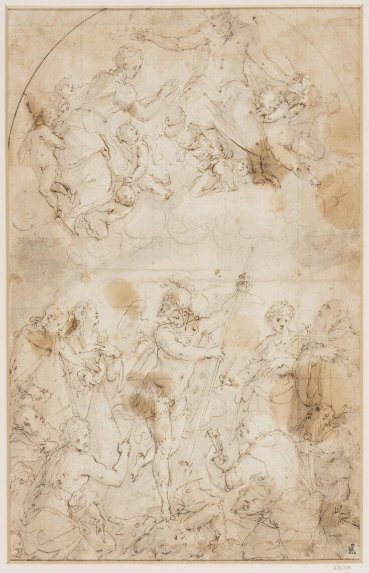 Design for an arched altar-piece: St Michael, surrounded by saints, triumphing over Satan; in the clouds above their heads the Coronation of the Virgin top image