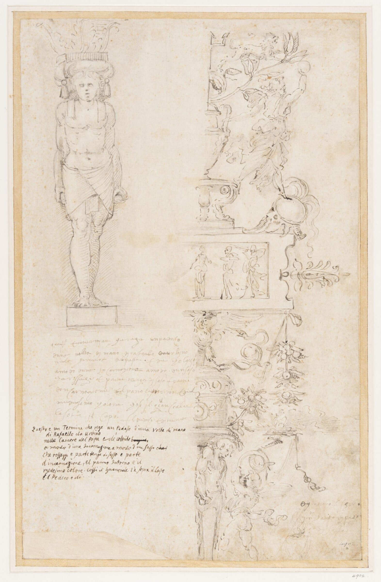 An Egyptian caryatid and a vertical band of grotesque ornaments, copy after Raphael, second half 16th century